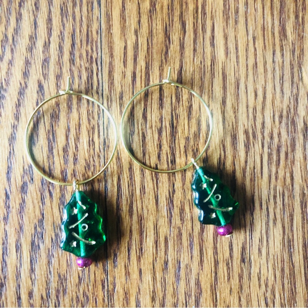Czech Glass Christmas Tree Hoop Earrings